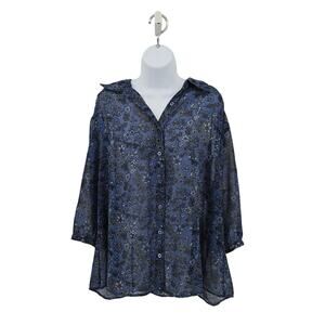 GNW Womens Blue Floral Sheer Blouse Sz 2X Button Up Plus 3/4 Sleeve Summer Top